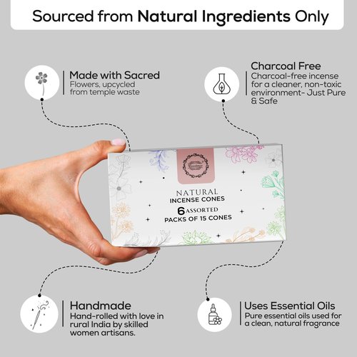 Raajsee Natural Incense Cones,6 Pack Mixed Scents Gift Pack 15 pc Each (90 Total), Insense Cones Variety Pack, 100% Organic Non Toxic Natural - Hand Rolled Free from Chemicals (Pack 3)