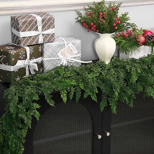 12 FT (2 * 6FT) Realistic Artificial Cedar Pine Garland - Thick Lush Full Faux Greenery Garland for Fireplace Mantle, Indoor Outdoor Christmas Holiday Home Party Decorations