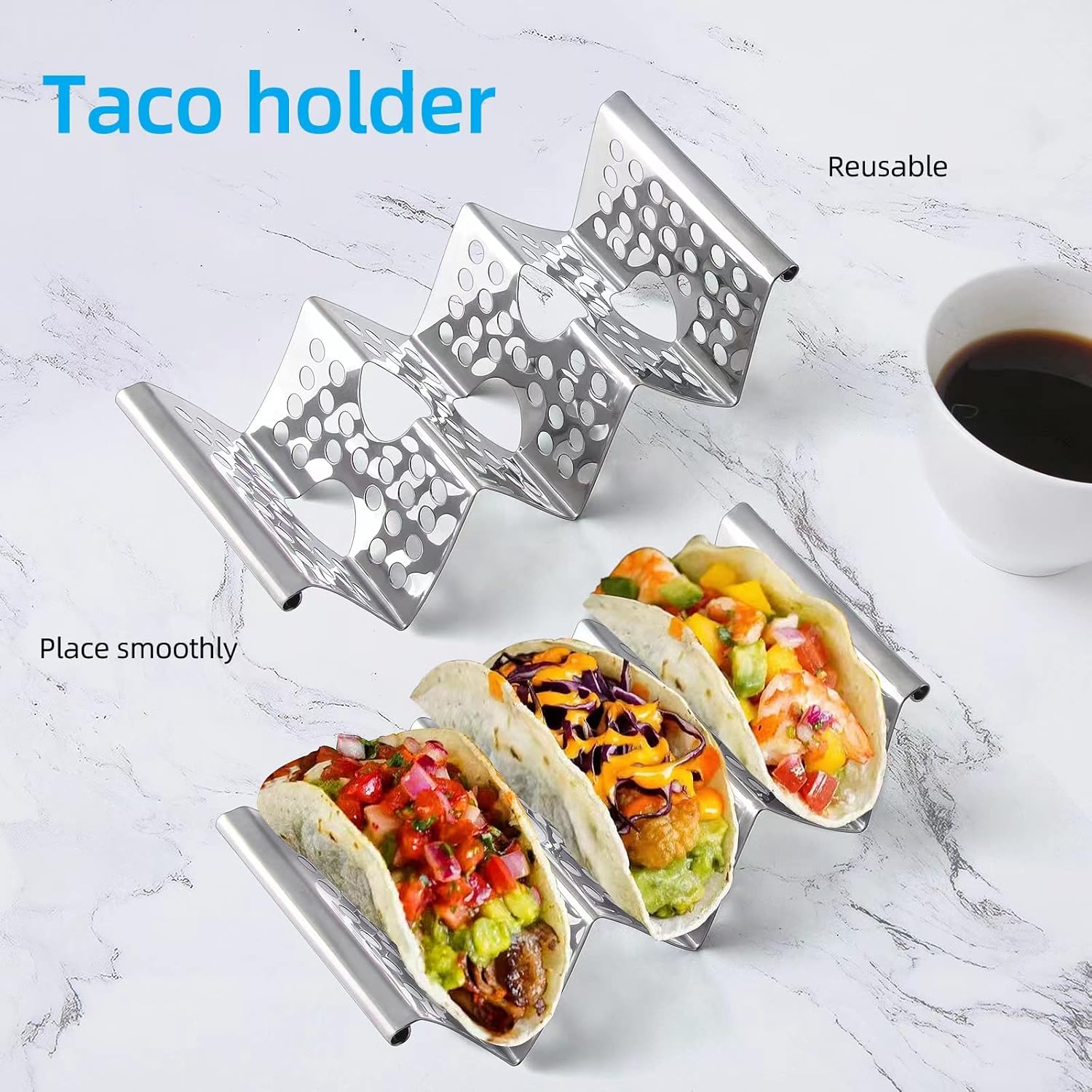 Skiennix Taco Holders Set of 4 - Stainless Steel Taco Stands with Easy-Access Handle | Fits Microwave & Oven