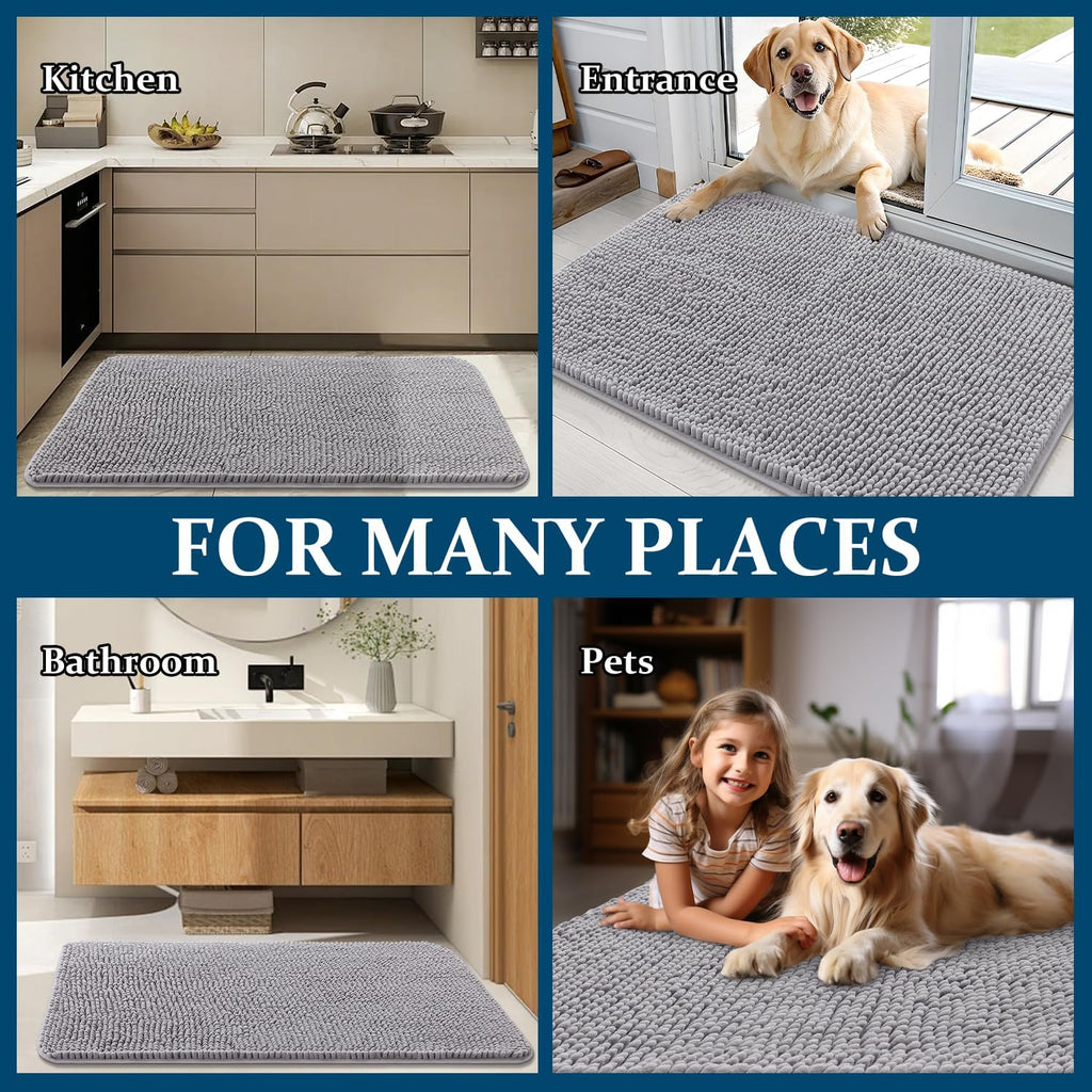 OLANLY Dog Door Mat - Absorbent Non-Slip Chenille Mat for Muddy Paws | 54x24 Light Grey Indoor Carpet