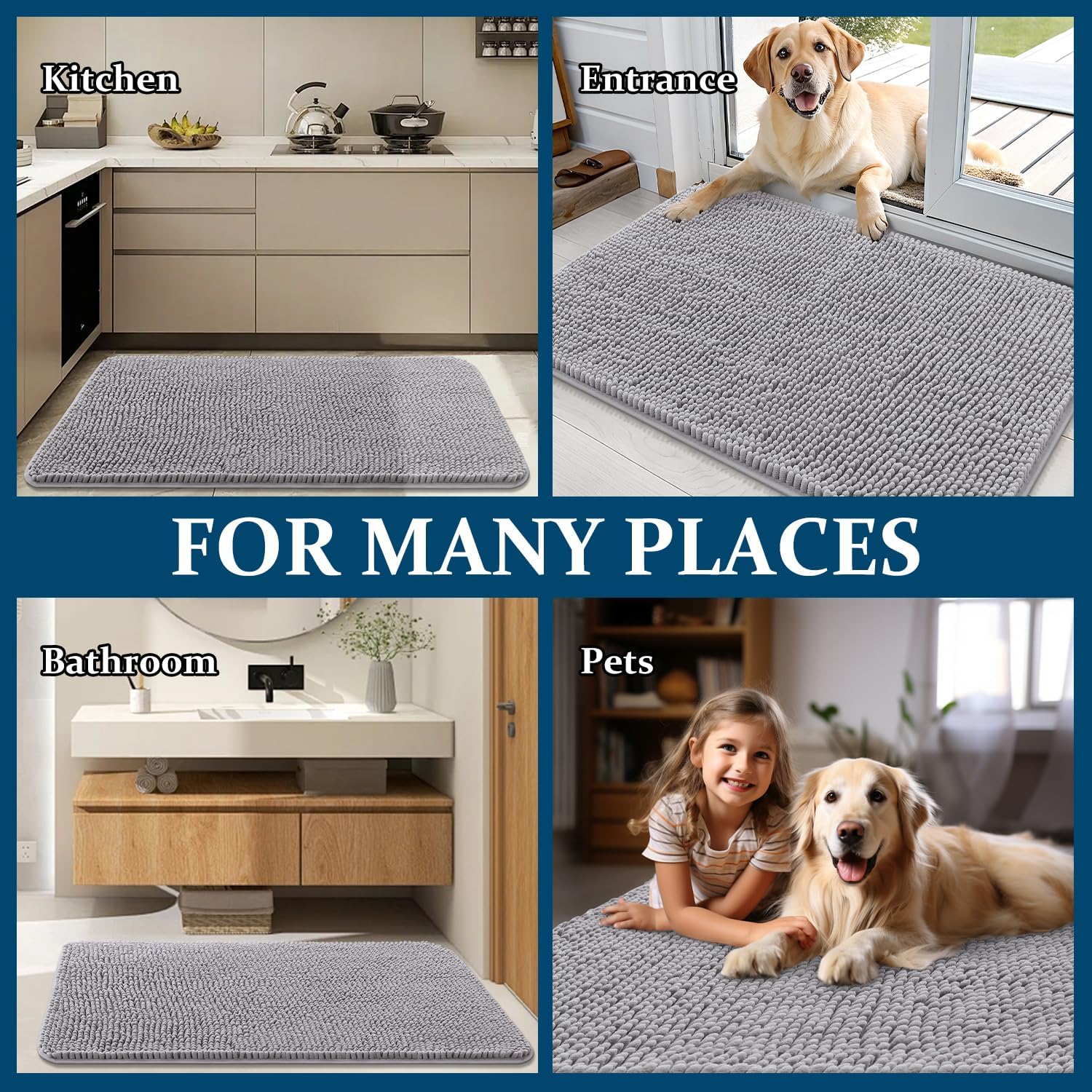 OLANLY Dog Door Mat - Absorbent Non-Slip Chenille Mat for Muddy Paws | 36x24 Light Grey Indoor Carpet