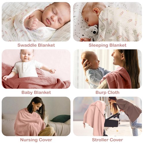 infancie 100% Organic Cotton Muslin Baby Blanket 3 Pack - Breathable Swaddle, Hypoallergenic Double-Layer, Versatile Use (Pink, Floral, Rust, 38x40 Inch)