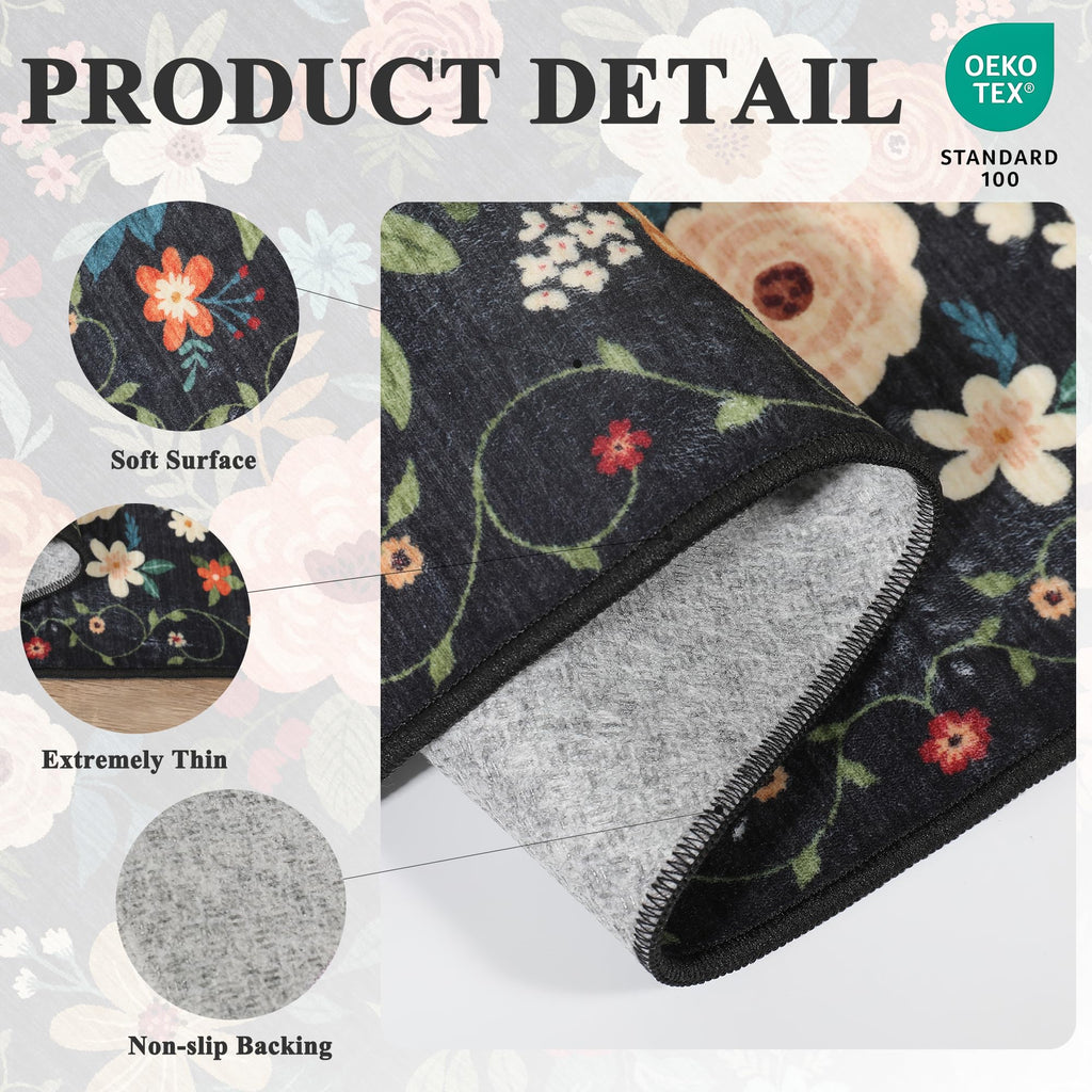DUKINO 5x7 Area Rug, Floral Design, Lightweight Non Slip Washable, Indoor Low Pile & Non-Shedding Boho Rug for Bedroom, Living Room, Dining Room, Black