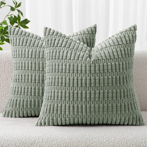 MIULEE Euro Sham Pillow Covers - Soft Boho Striped Corduroy | 24x24 Inch, Greyish Green, Set of 2