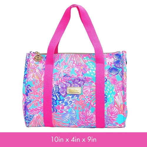 Lilly Pulitzer Cute Lunch Bag for Women, Large Capacity Insulated Tote Bag, Pink/Blue Mini Cooler with Storage Pocket and Shoulder Straps, Splendor in the Sand