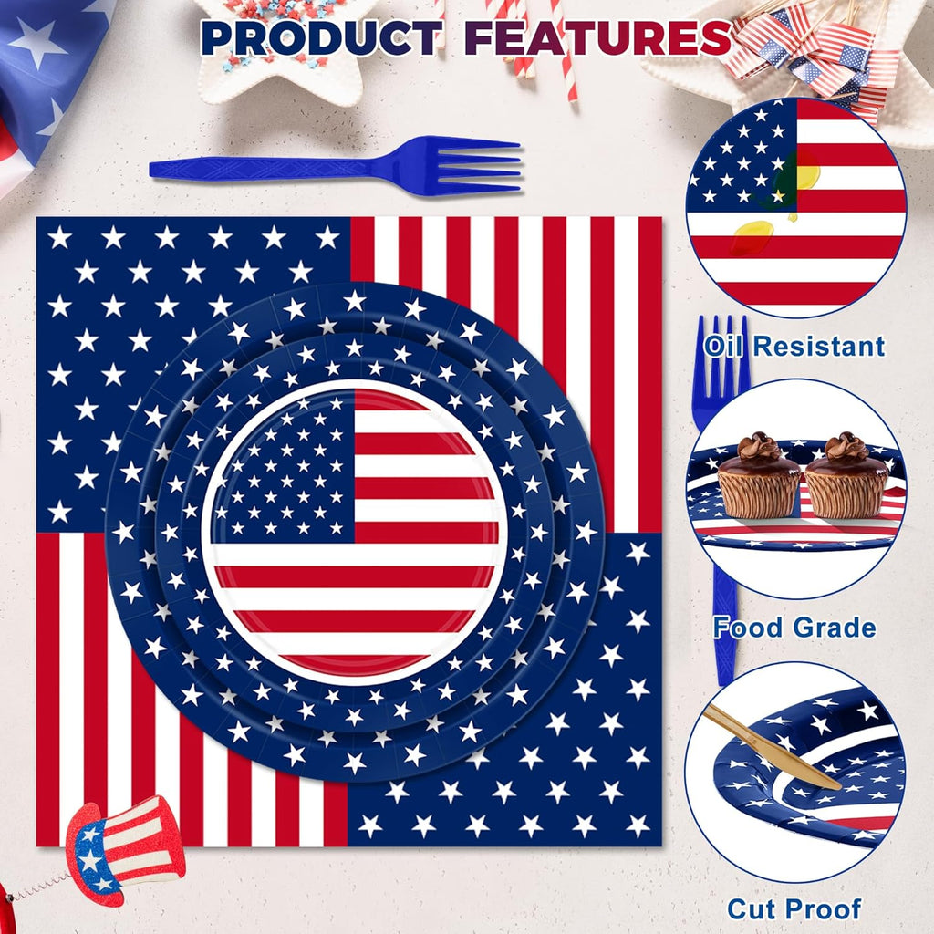 QZYL 122 PCS 4th of July Decorations - Patriotic Plates, Napkins & Tableware Set | American Flags Design