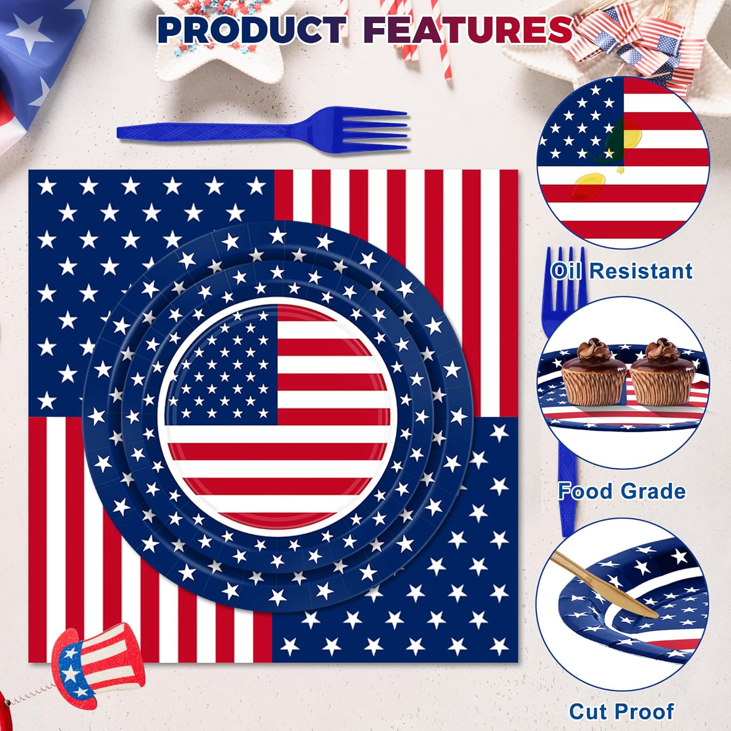 QZYL 122 PCS 4th of July Decorations - Patriotic Plates, Napkins & Tableware Set | American Flags Design