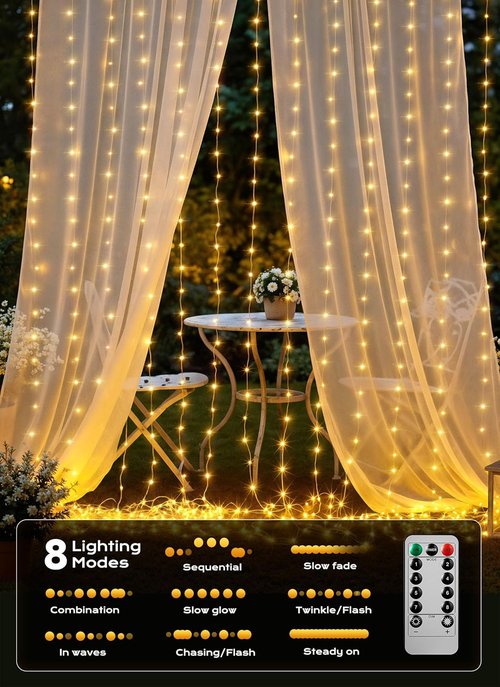 Brightown 300 LED Curtain Lights - 9.8 FT Fairy Lights with 8 Modes | Warm White for Bedroom & Party Decor