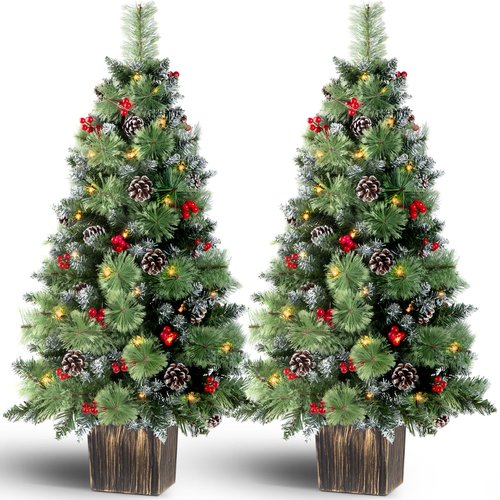 Jin&Bao 4FT Potted Christmas Tree with 100 Lights, 2 Pack Artificial Xmax Tree Timer Function with Round Pine Cones & Red Berries, 3AA Battery Operated Christmas Decorations for Outdoor, Porch