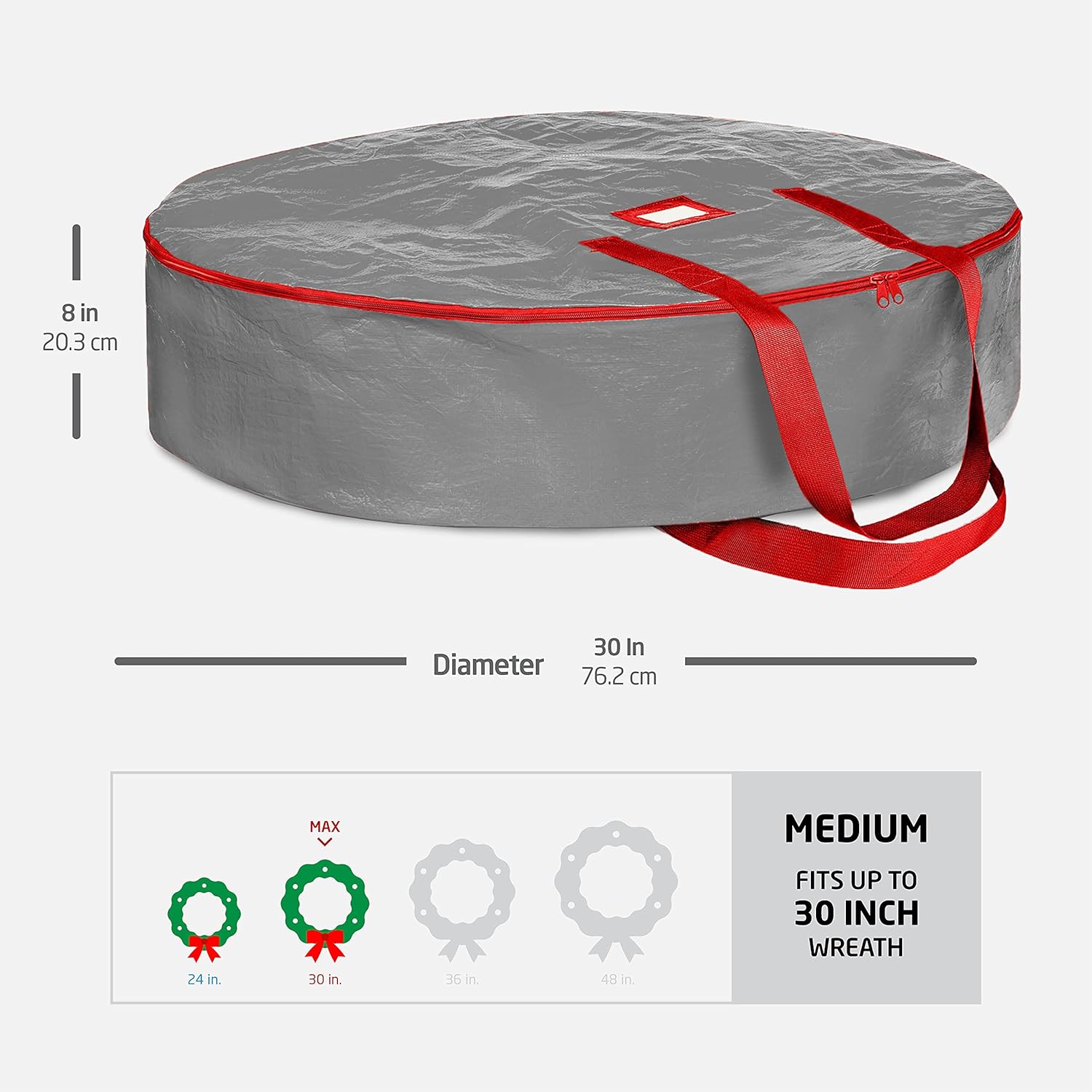 ZOBER Wreath Storage Bag - 30 Inch Dual Zippered Container for Artificial Wreaths - Durable Gray Design