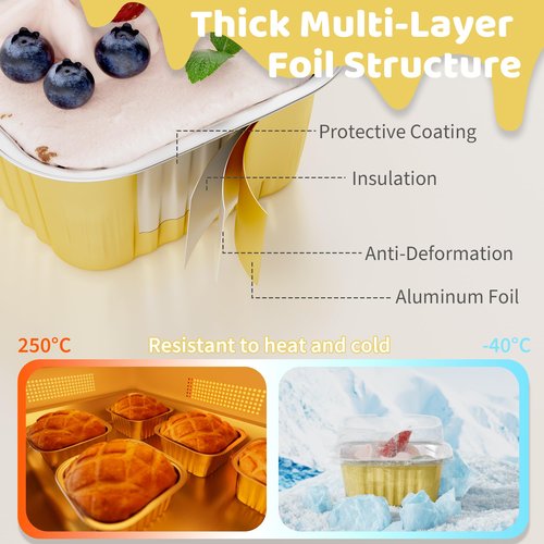 40 Pack 5 OZ Mini Cake Pans with Lids, Disposable Square Aluminum Foil Brownie Baking Cups, Mini Aluminum Foil Cupcake Muffin Tin Ramekins, Flan Molds Cake Containers for Wedding Birthday Party,Gold