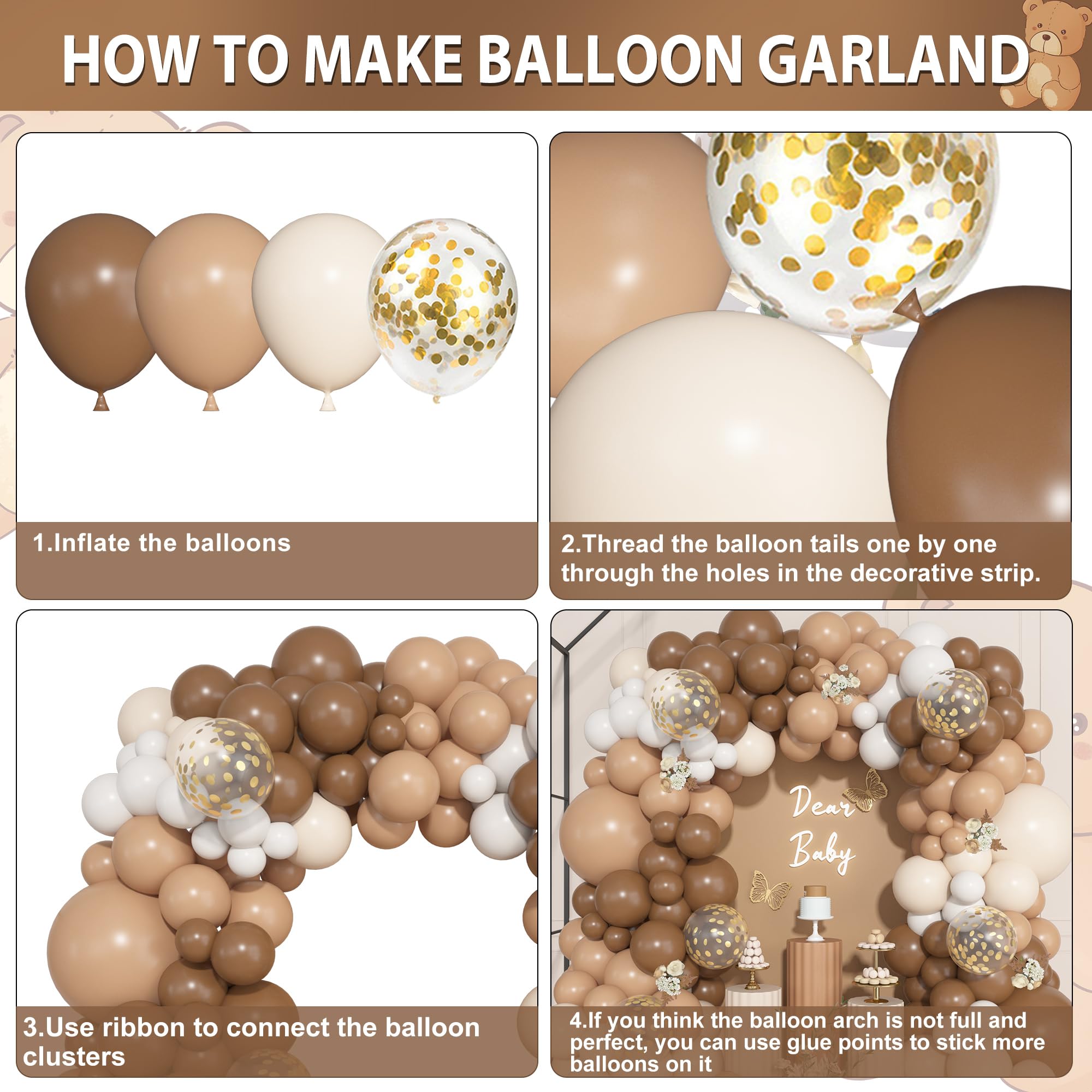 Ouddy Life 157 Pcs Brown Balloons Garland Arch Kit, Beige Nude Neutral White Gold Confetti Different Size Balloon for Birthday Teddy Bear Baby Shower Neutral Woodland Wild One Wedding Party Decoration