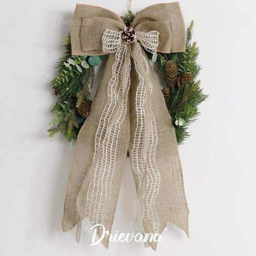 Burlap Christmas Tree Topper Bow - Rustic 13-Inch Jute Bow with Pine Cone for Holiday Decor