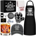 NVTROVI 50th Birthday Gifts for Men Whiskey Glass Set, 50th Birthday Party Supplies with 11 Oz Whiskey Glass Coaster Stone Baseball Cap Apron Sock Toilet Paper Keychain for Him, Dad, Husband, Friends