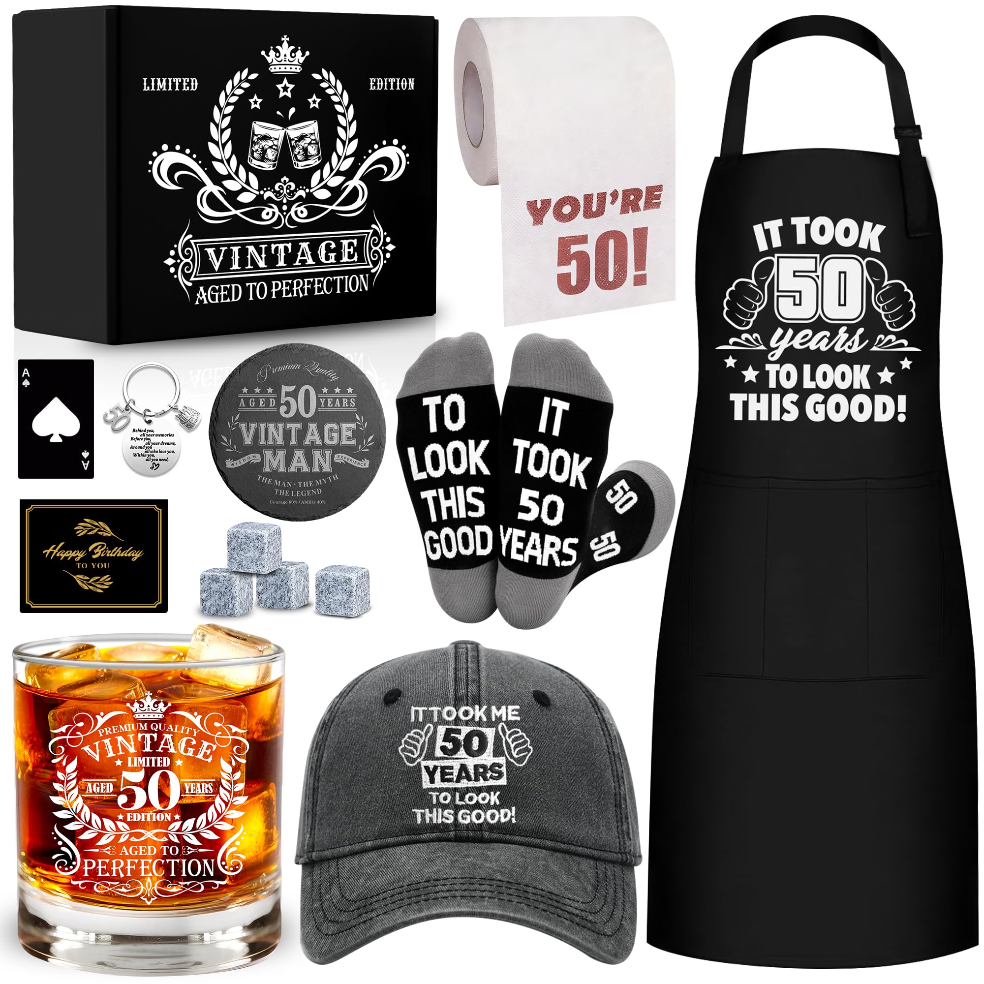 NVTROVI 50th Birthday Gifts for Men Whiskey Glass Set, 50th Birthday Party Supplies with 11 Oz Whiskey Glass Coaster Stone Baseball Cap Apron Sock Toilet Paper Keychain for Him, Dad, Husband, Friends