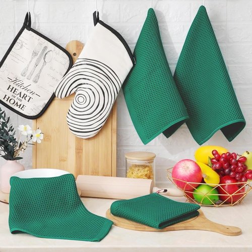 Homaxy 100% Cotton Waffle Weave Dish Cloths - Ultra Soft & Absorbent Quick Drying Towels | 12x12 Inches, 6-Pack, Dark Green