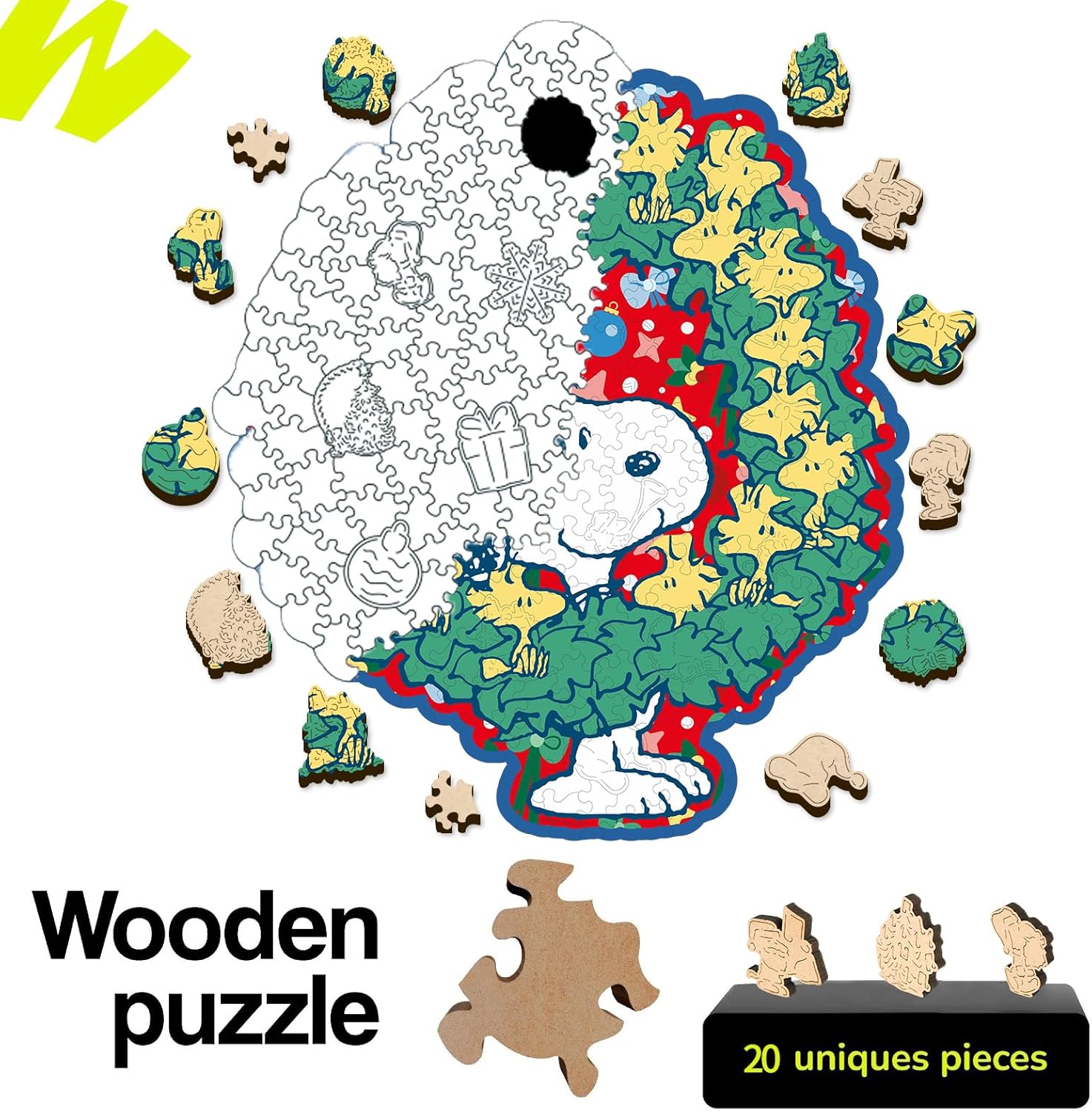 Peanuts Christmas Snoopy Puzzle - Unique 200-Piece Wooden Jigsaw with Woodstock Design | 11.1" x 13.1" - Officially Licensed
