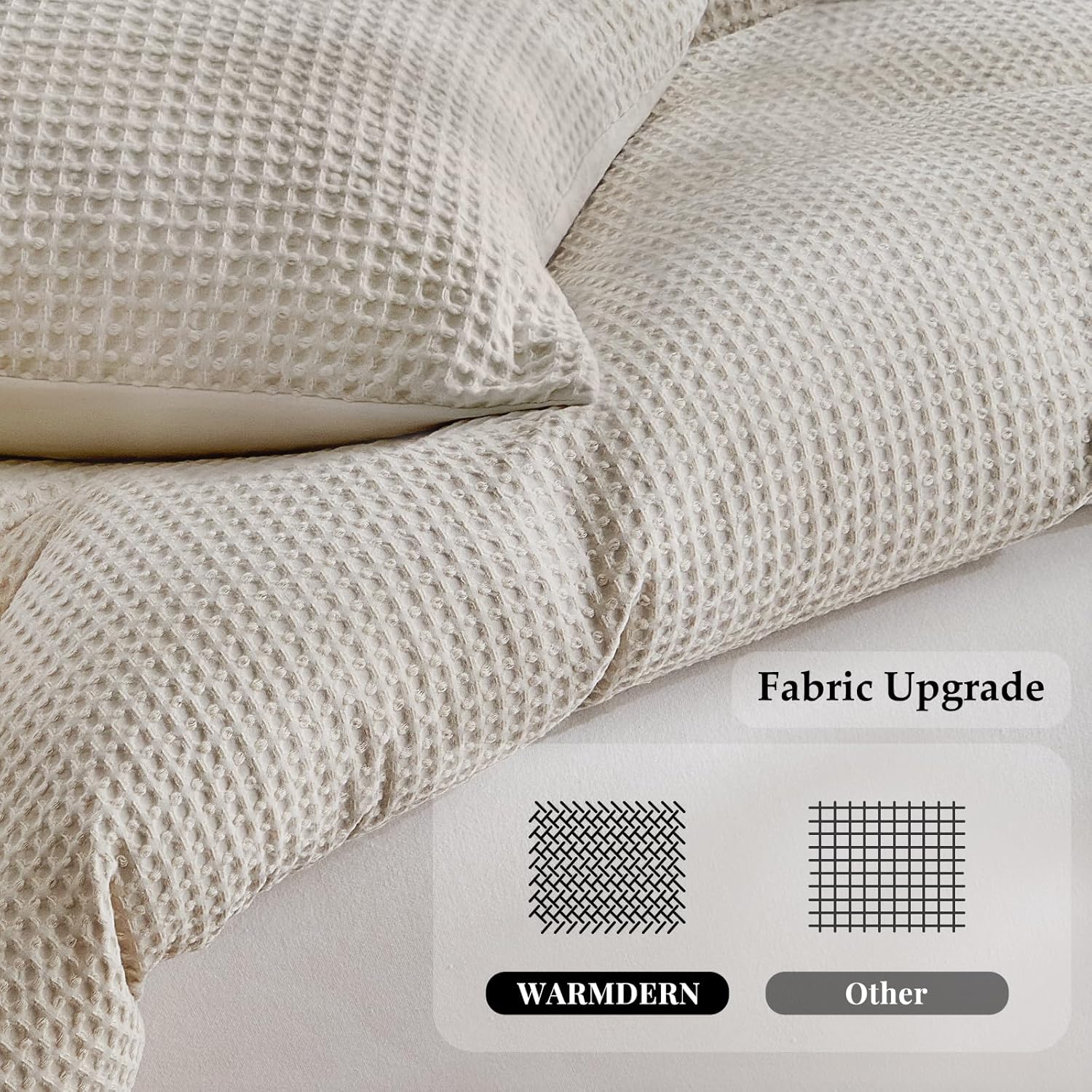 WARMDERN Waffle Weave Duvet Cover Set - Soft & Breathable Queen Size Bedding in Khaki | 3-Piece Microfiber Set