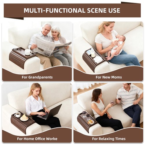 LOVYANXUE Couch Arm Tray, Anti-Falling Bamboo Sofa Armrest Tray Table, Foldable & Portable Armrest Tray Cup Holder Side Table for Drinks, Coffee, Phone, Snacks, Remote
