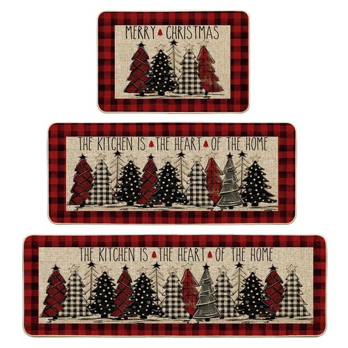 Artoid Mode Red Xmas Trees Buffalo Plaid Merry Christmas Kitchen Mats Set of 3, Winter Decor Low-Profile Kitchen Rugs for Floor - 24"x35"+24"x59"+24"x72"