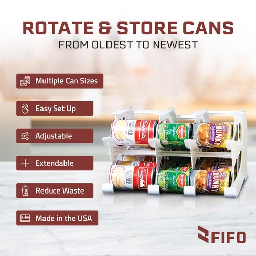FIFO Countertop Mini Can Tracker Holds 30 Standard 10-24 Oz Can Sizes, White| Stackable & Adjustable Can Organizer for Pantry, USA Made, White