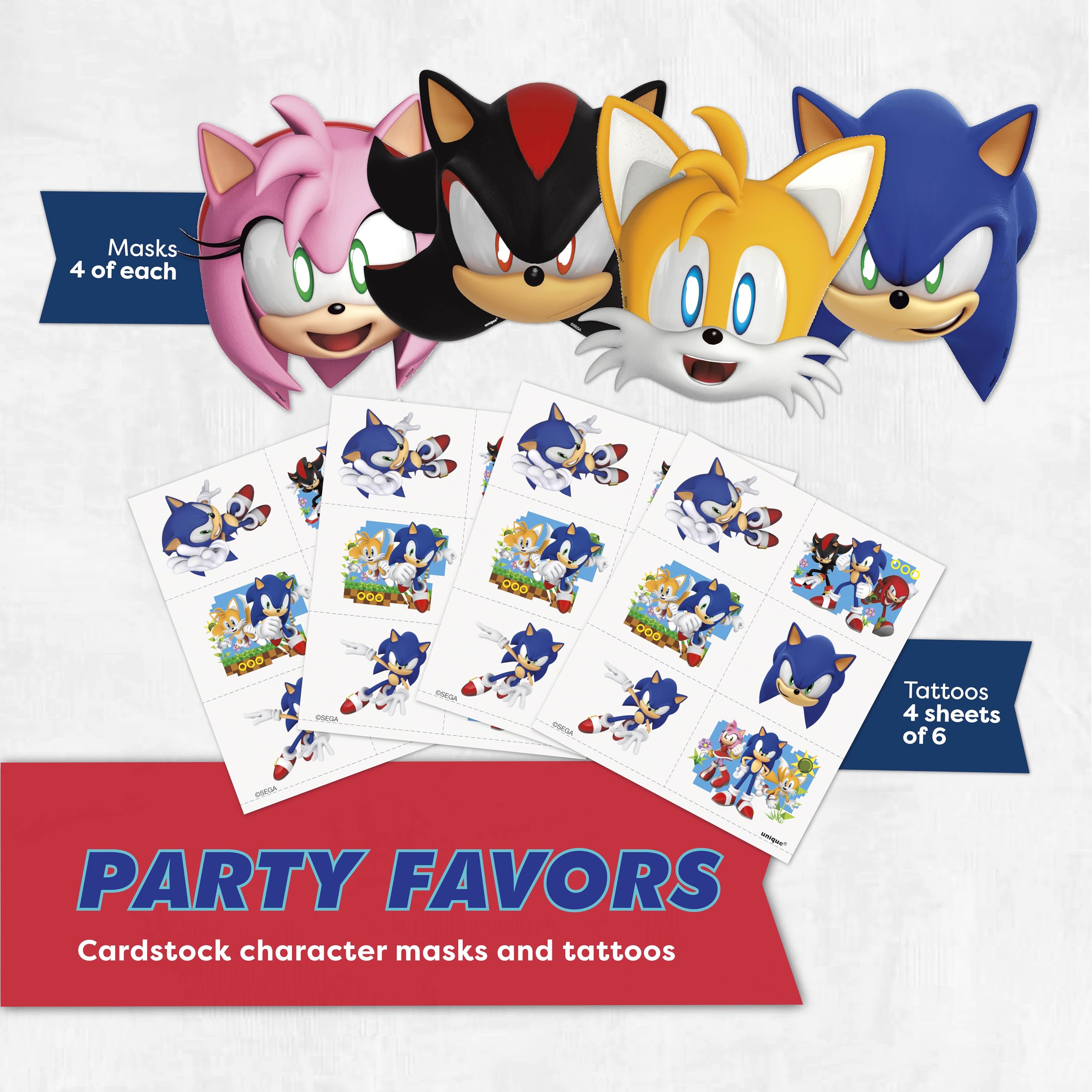 Sonic Birthday Party Decorations | Serves 16 Guests | Masks, Tattoos, Banner, Tablecloth, Plates, Napkins, Sticker | Officially Licensed
