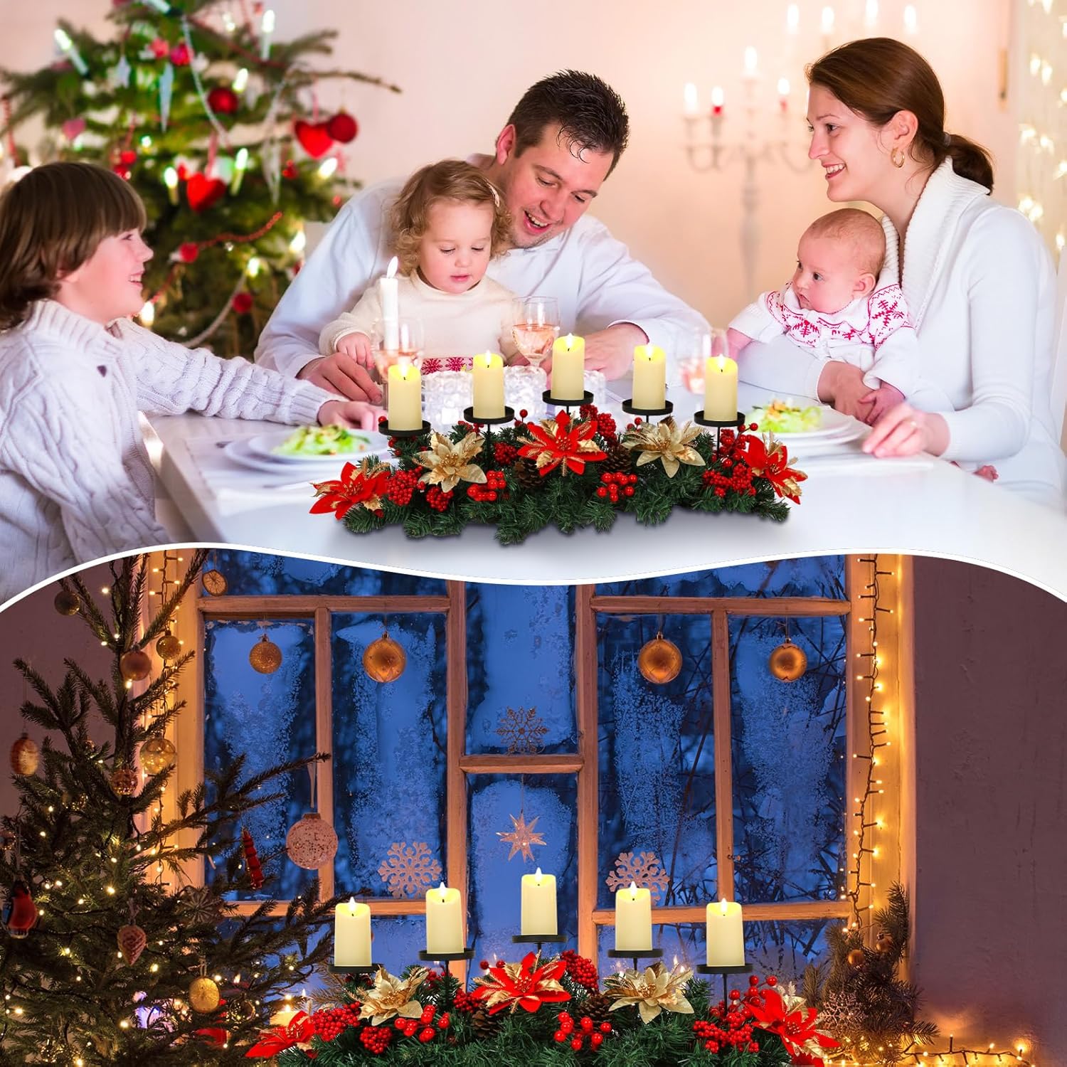 Sliner Christmas Tabletop Centerpiece - 30 Inch Poinsettia Candle Holder with 5 LED Flameless Candles & Pine Cones