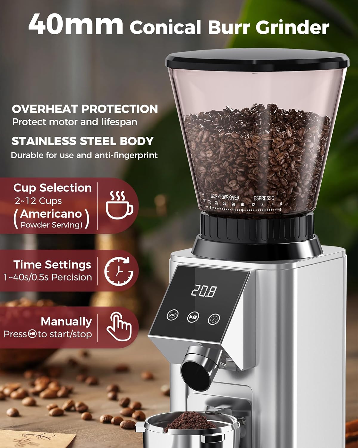Tuni G1 Conical Burr Coffee Grinder - 48 Grind Settings & Precision Timer | Stainless Steel, Silver
