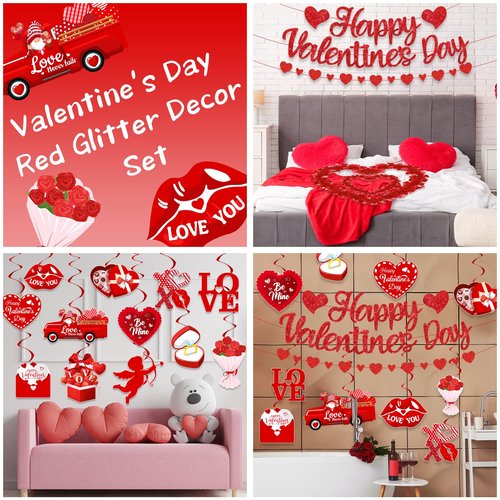 Valentines Day Decorations, Valentine Day Party Supplies includes Happy Valentine‘s Banner Red Heart Pendant Heart Chocolate Hanging Swirls, Love Decorations for Home Office Wedding Anniversary