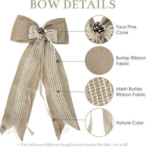 Burlap Christmas Tree Topper Bow - Rustic 13-Inch Jute Bow with Pine Cone for Holiday Decor