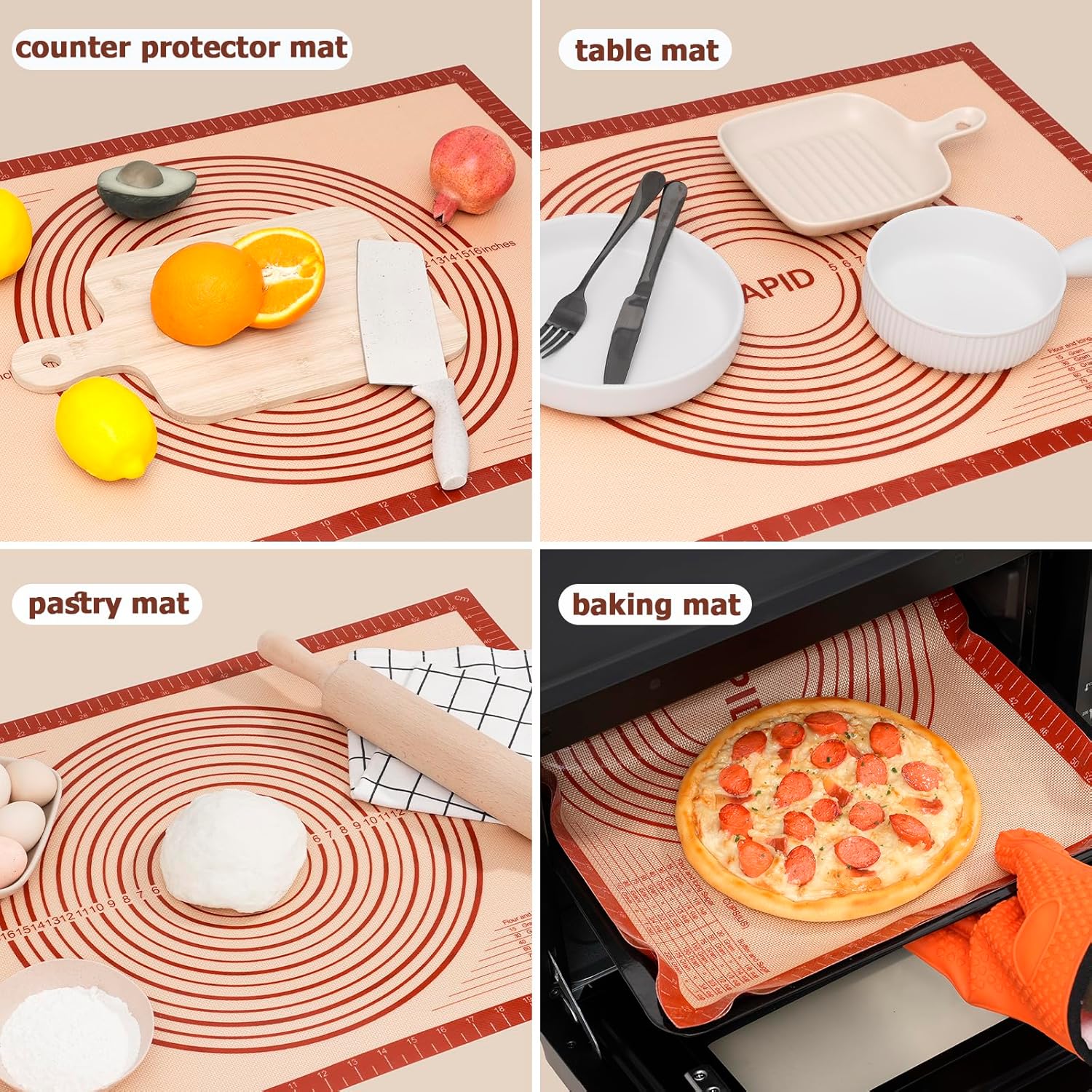 Sapid Extra Thick Silicone Pastry Mat - Non-Slip Baking Surface with Measurements | Extra Large 20" x 28" Red