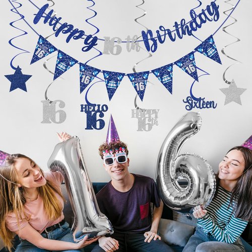 Blue Silver 16th Birthday Decorations for Boys Girls, Happy 16th Birthday Banner Stars Sixteen Hanging Swirls Hello 16 Bday Decor Party Supplies Sign