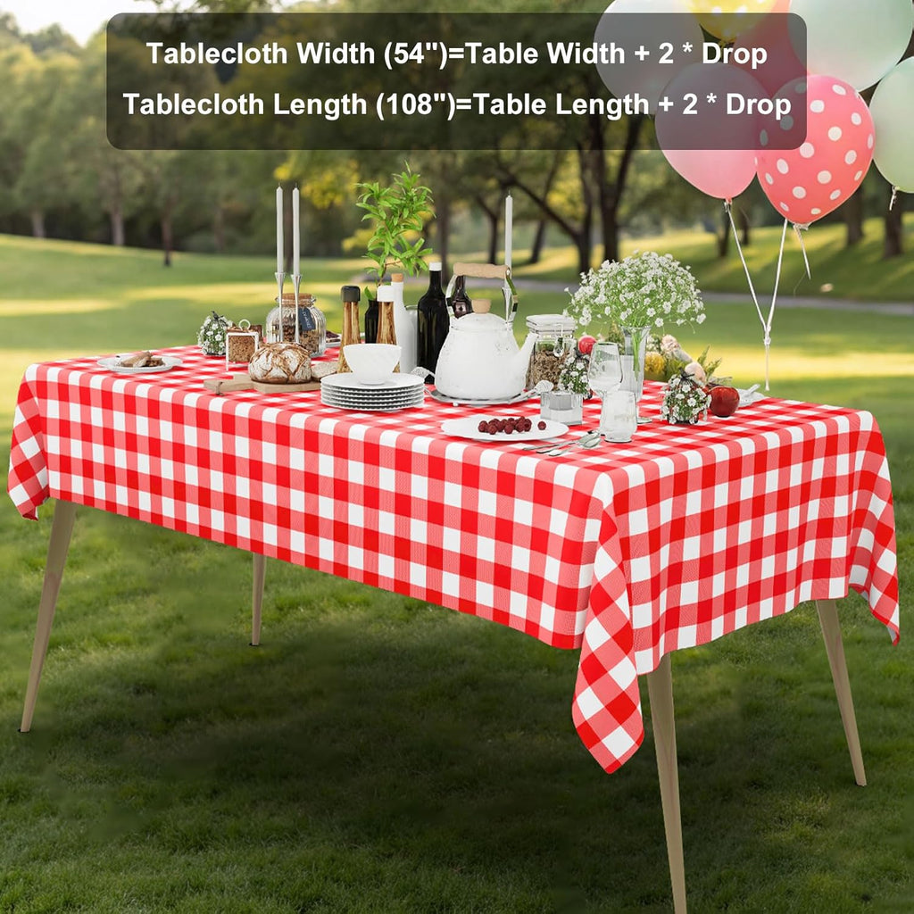 Smiry Disposable Tablecloths - 3 Pack Red Gingham Waterproof Rectangle Covers | 54" x 108" for Picnics & Parties