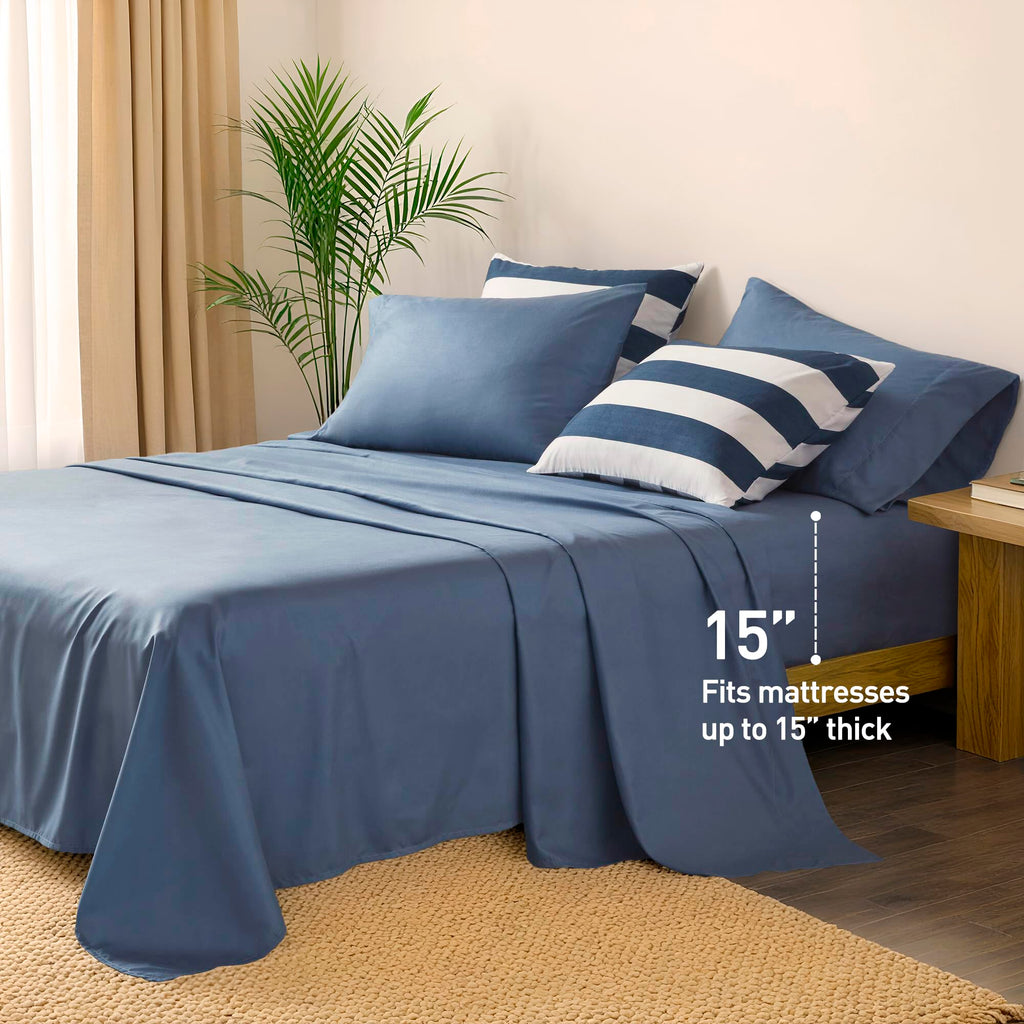 Reversible Striped Full Comforter Set-Bed in A Bag 7-Pieces Bedding Set with Double-sided Stripes Design-Warm & Cozy Bed Set Includes Full Size Comforter, Sheets Set, Pillowcases and Shams, Navy