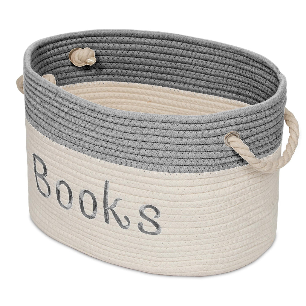 Embroidered Tote Bin - 15 x 11 x 9 - Storage Basket for Nursery - Large Storage Box - Organizing Bedroom, Closet, Classroom (White Book Basket)