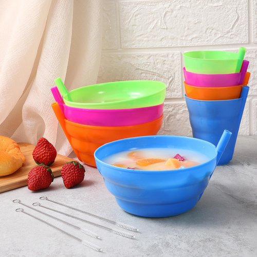 LemonRoad 20 Pcs/8 Set Cereal Bowls with Straws Colorful 16 oz Bowls and 10 oz Cups Both with Built in Straw Includes Cleaning Brushes Reusable Dishwasher for Milk Soup(Round)