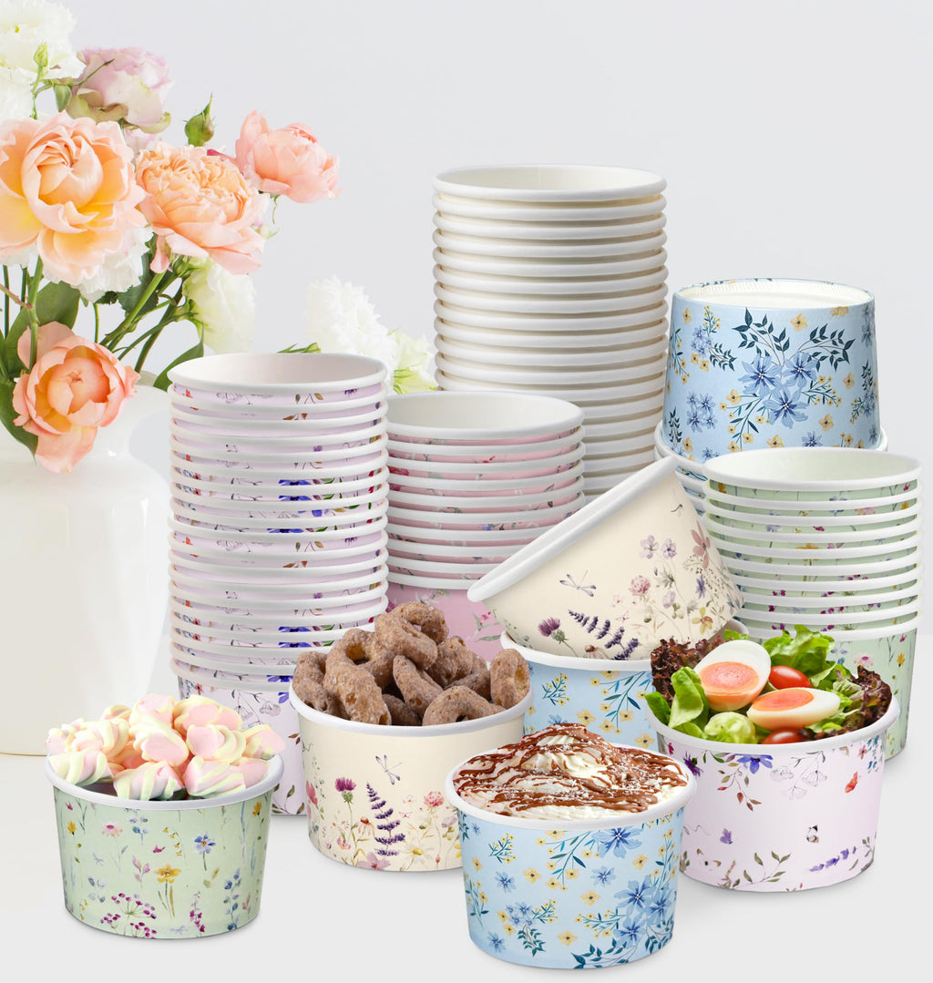 Nihuecne 50 Pcs 9 oz Floral Themed Disposable Dessert Paper Bowls in 5 Designs, Disposable Snack and Soup Bowls for Events, Game Day, Birthday Party Supplies, Perfect for Hot or Cold Food