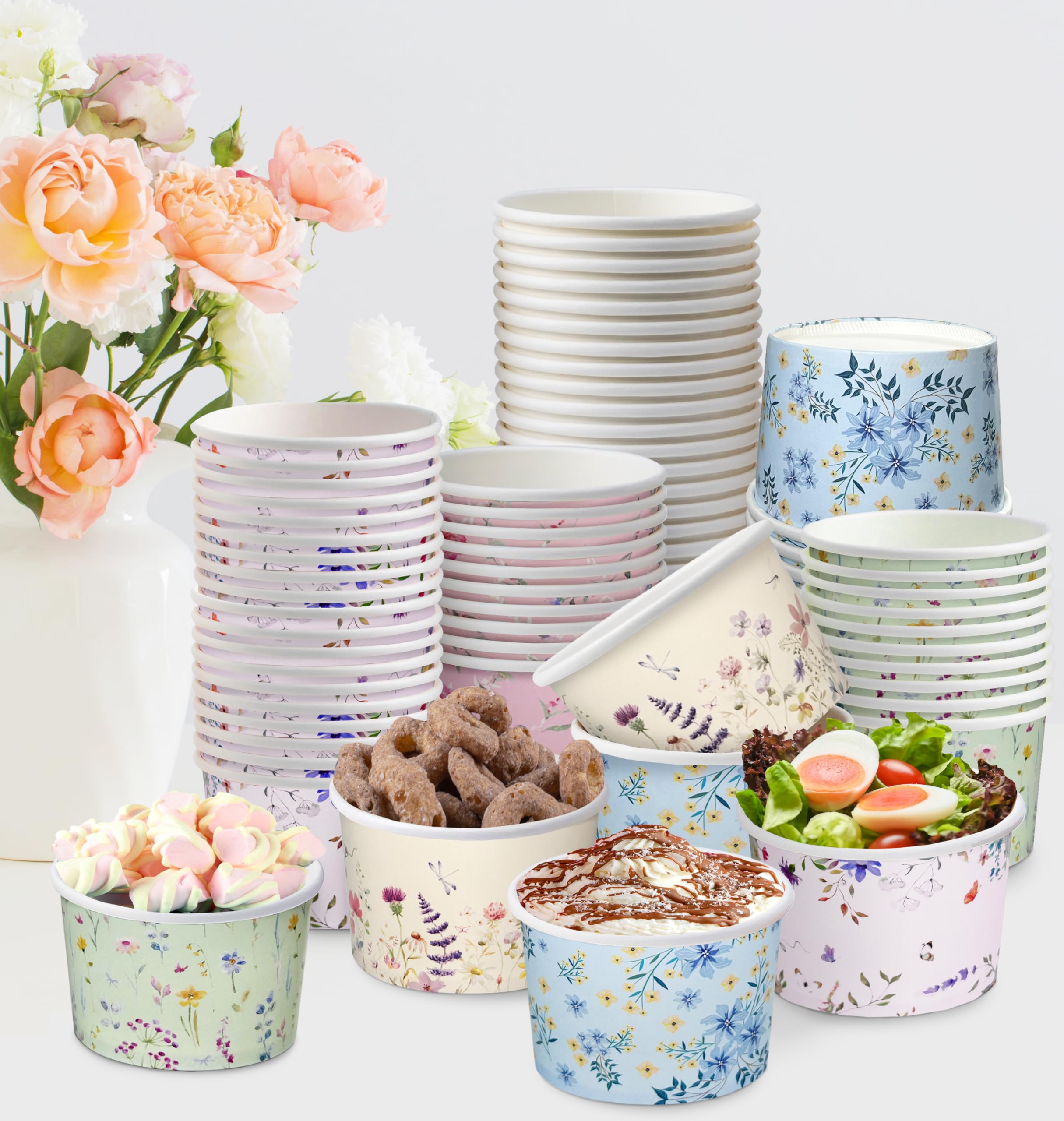 Nihuecne 50 Pcs 9 oz Floral Themed Disposable Dessert Paper Bowls in 5 Designs, Disposable Snack and Soup Bowls for Events, Game Day, Birthday Party Supplies, Perfect for Hot or Cold Food