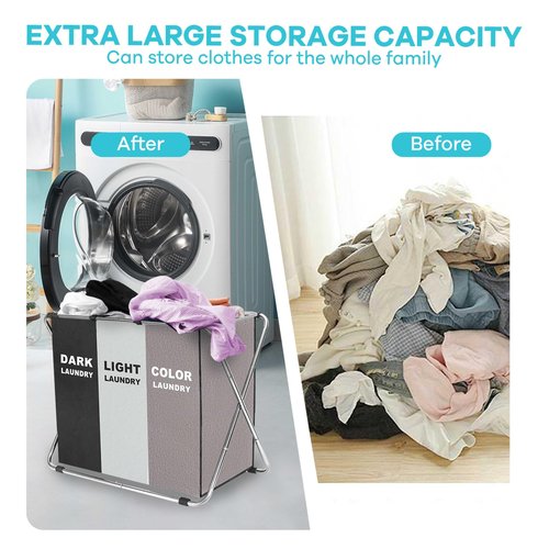 150L Laundry Cloth Hamper Sorter Basket Bin Foldable 3 Sections with stainless steel Frame Washing Storage Dirty Clothes Bag for Bathroom Bedroom Home Storage Basket (Black+Gray+Coffee)