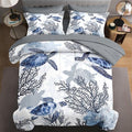 WeCozy 7 Pcs Queen Size Comforter Set with 2 Pillowcases & 2 Shams, Ocean Sea Coral Bedding for Kids and Adults, Blue Animal Turtle Bed in a Bag with Flat Fitted Sheet