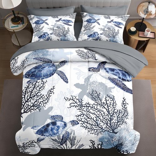WeCozy 7 Pcs Queen Size Comforter Set with 2 Pillowcases & 2 Shams, Ocean Sea Coral Bedding for Kids and Adults, Blue Animal Turtle Bed in a Bag with Flat Fitted Sheet