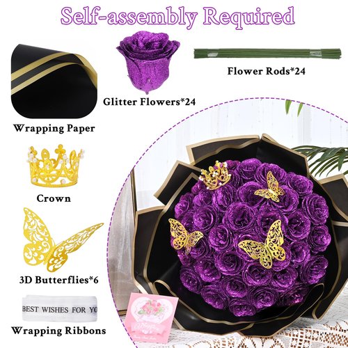 Waipfaru Purple Glitter Roses Bouquet, DIY Flowers Bouquet, Birthday Gifts for Women Mom Grandma Wife Girlfriend, 24 Pcs Fake Rose for Valentines, Mothers Day, Anniversary, Graduation Gifts