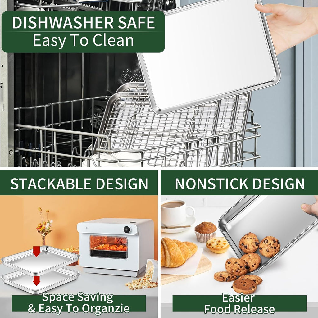 CEKEE Stainless Steel Baking Sheet Set - 2 Quarter Pans with Wire Racks | Non-Toxic, Heavy Duty, Easy Clean - 12 x 10 x 1 Inch