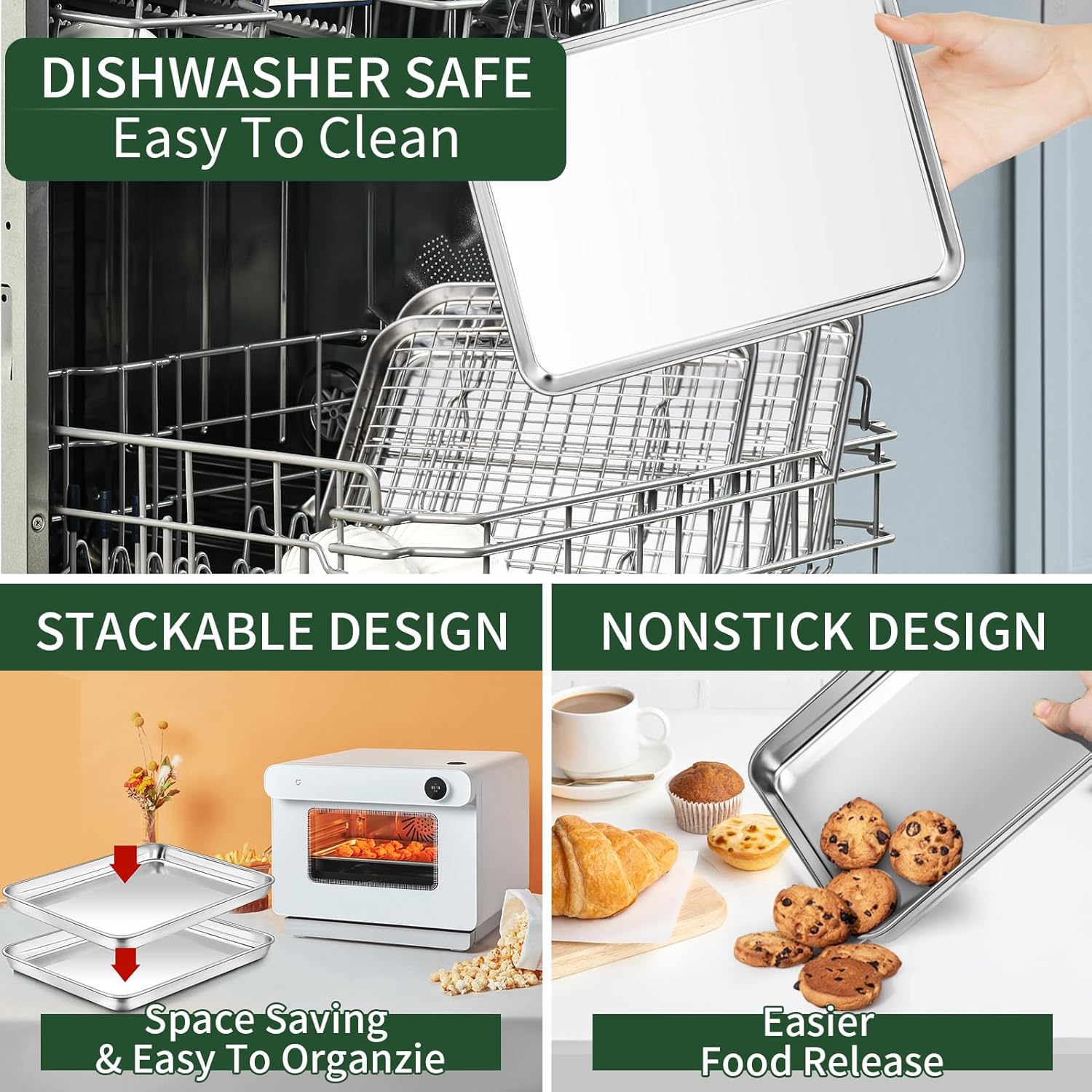 CEKEE Stainless Steel Baking Sheet Set - 2 Quarter Pans with Wire Racks | Non-Toxic, Heavy Duty, Easy Clean - 12 x 10 x 1 Inch