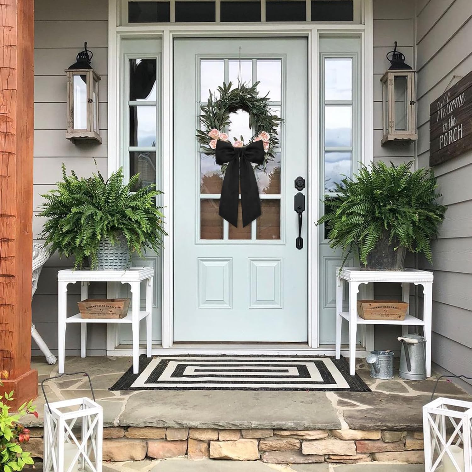 Skiennix Black Wreath Sash - Elegant Linen Ribbon Bow for Front Door & Porch Decor | 2 Pcs Set