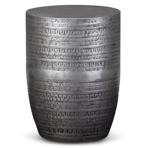 SIMPLIHOME Johnsen Metal Table - 15 inch Wide Solid Iron Drum Accent Table in Antique Silver with Tribal Pattern, Round Boho End Table for Living Room, Bedroom, or Home Office, Fully Assembled