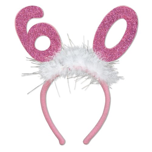 Beistle “60” Glittered Boppers with Marabou – Pink Birthday Headband with White Feathers and Silver Accents, Fun Costume Accessory for 60th Birthday Celebrations, Milestone Events and Photo Ops