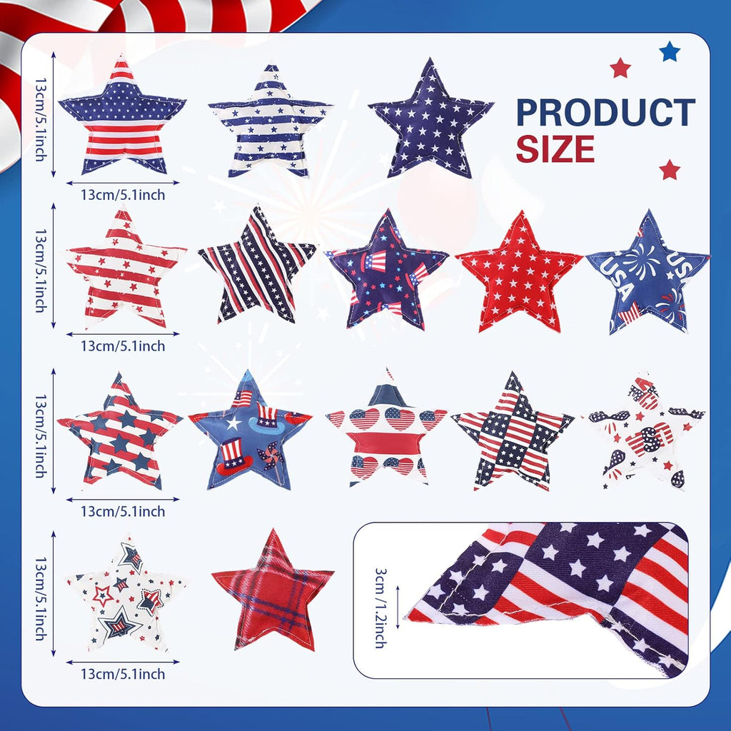 Oudain 15 Pcs Large 5-Inch Patriotic Star Ornaments - Stuffed Fabric Decor for 4th of July, Red White & Blue
