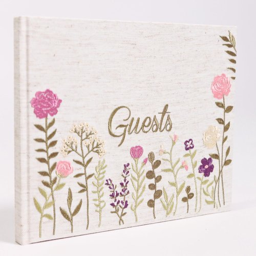 Linen Embroidered Photo Wedding Guest Book - Premium Hardcover Pink Polaroid Guestbook for Wedding Reception, Baby Shower, Bridal Shower, Funeral, Engagements -160 Pages for Notes 10.25" × 8.25"