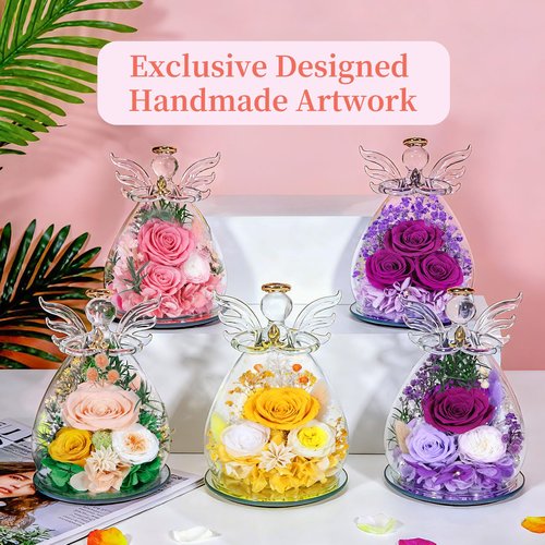 Puppiluv Gifts for Women Preserved Rose Forever Flower Eternal Roses in Glass Angel Figurines Fresh Flowers for Delivery Christmas Birthday Gift for Mom Her Wife Grandma on Valentines Day Anniversary